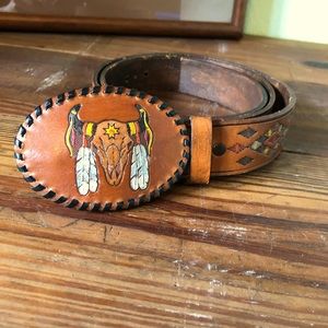 Vintage UNISEX COWBOY WESTERN TOOLED LEATHER BELT /BUCKLE Hand-painted & tooled